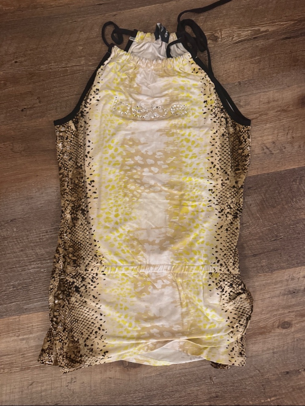 bebe Yellow and Black Printed Satin Halter Top